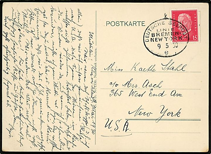15 pfg. Hindenburg på brevkort dateret Kurz vor Irland og annulleret med ovalt skibsstempel Deutsche Seepost Linie Bremen - New York e d. 9.5.1930 til New York, USA. Hj.knæk.