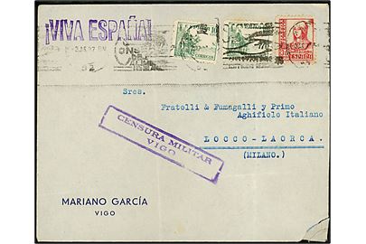 10 cts. Rytter (2) og 30 cts. Isabel på brev fra Vigo d. 3.7.1937 til Locco-Laorca, Italien. Lokal spansk censur fra Vigo. Del af bagklap mgl.