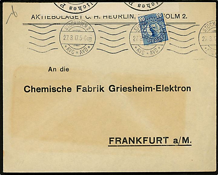 20 öre Gustaf på brev fra Stockholm d. 27.3.1917 til Frankfurt, Tyskland. Åbnet af tysk censur i Hamburg.