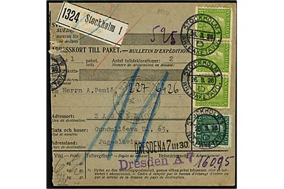 85 öre og 145 öre (3-stribe) Gustaf på internationalt adressekort for pakke fra Stockholm d. 16.3.1926 via Berlin, Dresden, Budapest til Zagreb, Jugoslavien. På bagsiden jugoslaviske portomærker. 