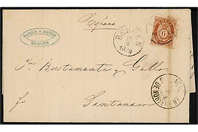 6 skilling Posthorn single på brev annulleret med antiqua Bergen d. 10.3.1876 via BUREAU DE MER DE NORVEGE d. 12.3.1876 (= Søpostkontor Nr. 1 Hammerfest-Hamburg) til Santander, Spanien. Lodret fold igennem mærke. 