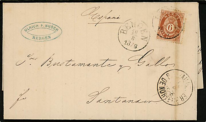 6 skilling Posthorn single på brev annulleret med antiqua Bergen d. 10.3.1876 via BUREAU DE MER DE NORVEGE d. 12.3.1876 (= Søpostkontor Nr. 1 Hammerfest-Hamburg) til Santander, Spanien. Lodret fold igennem mærke. 