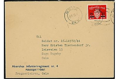 25/20 øre Provisorisk Tjenestemærke på brev fra Akerhus infanteriregiment i Frognerleiren stemplet Oslo d. 1.2.1950 til soldat i Sogn Hageby pr. Oslo.