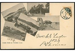 Halveret 4 cents Tofarvet på illustreret kuvert Views from St. Thomas D.W.I. sendt lokalt og annulleret St: Thomas d. 23.1.1903.