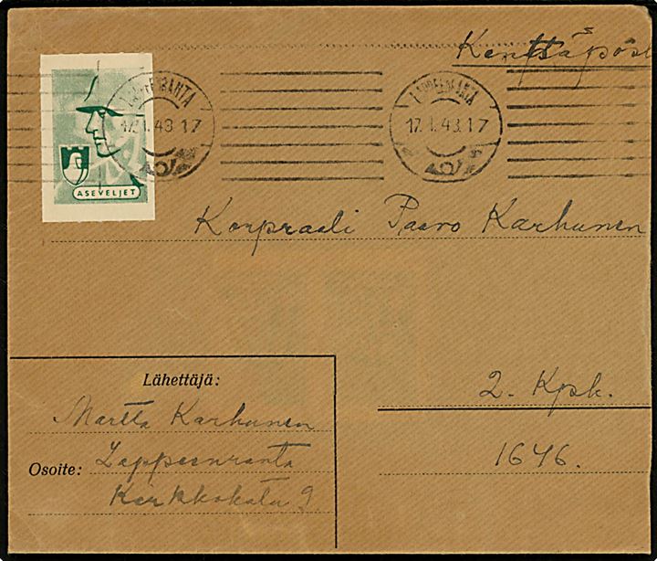Ufrankeret feltpostbrev med Aseveljet (Våbenbrødre) mærkat fra Lappenranta d. 17.1.1943 til korporal ved feltpost KpK 2/1646 = Täydennyspataljoona 3. 12. komppania på det Karelske Næs.
