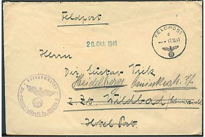 Ufrankeret feltpostbrev stemplet Feldpost d d. 17.10.1941 til Wildbad - eftersendt til Heidelberg. Briefstempel: Kriegsmarine Dienststelle Feldpost-Nr. 38050P = Marine-Befehlshaber Dänemark.