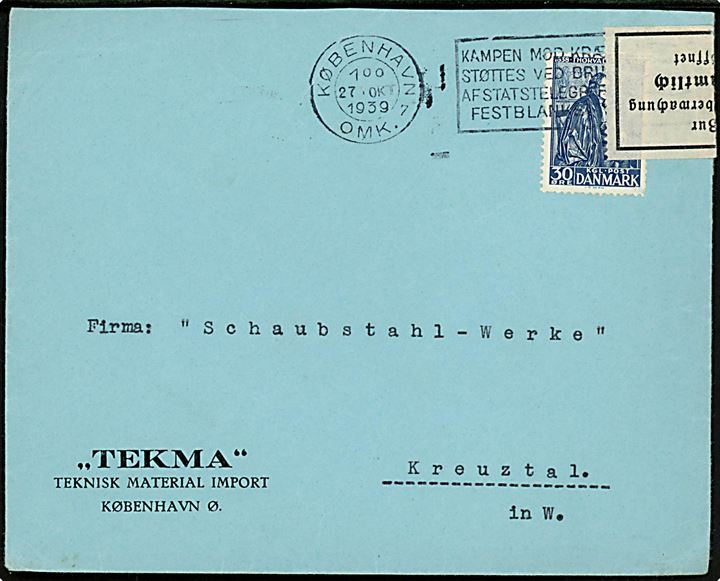 30 øre Thorvaldsen single på brev fra København d. 27.10.1939 til Kreuztal, Tyskland. Åbnet af tysk toldkontrol.