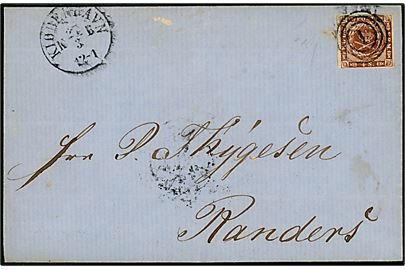 4 sk. 1858 udg. på brev annulleret med nr.stempel 1 og sidestemplet antiqua Kiøbenhavn KB d. 27.3.1861 til Randers.