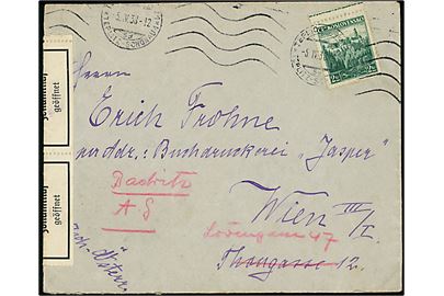 2 kc. single på brev fra Trepliz-Schönau d. 5.4.1938 til Wien i tysk annekteret Østrig. Åbnet af tysk toldkontrol.