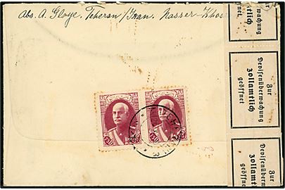 75 d. i parstykke på bagside af brev fra Teheran d. 2?.10.1939 til til Hamburg, Tyskland. Åbnet af tysk toldkontrol.