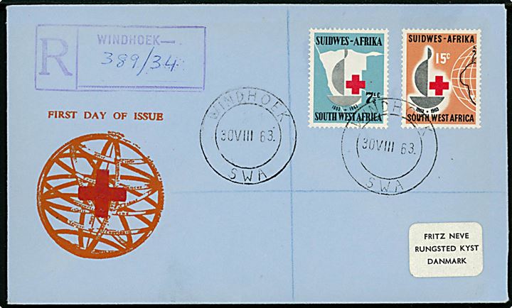 Røde Kors udg. på anbefalet FDC fra Windhoek d. 30.8.1963 til Rungsted Kyst, Danmark.
