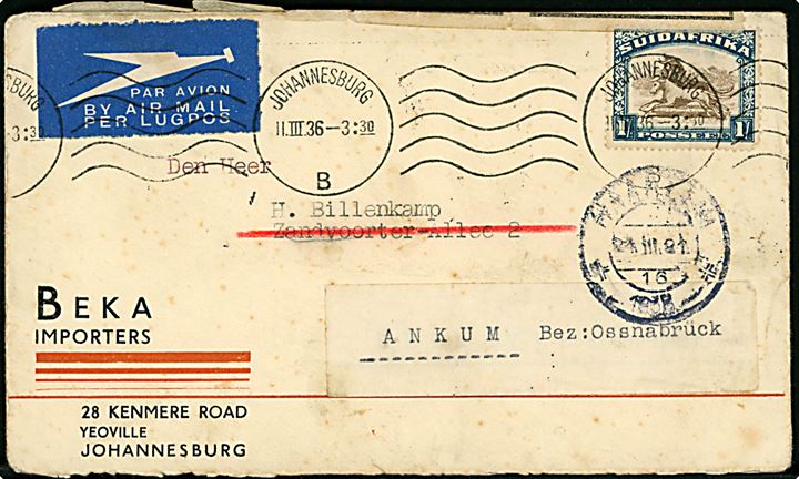 1 sh. single på luftpostbrev fra Johannesburg d. 11.3.1936 til Haarlem, Holland - eftersendt til Ankum, Tyskland. Åbnet af tysk toldkontrol.