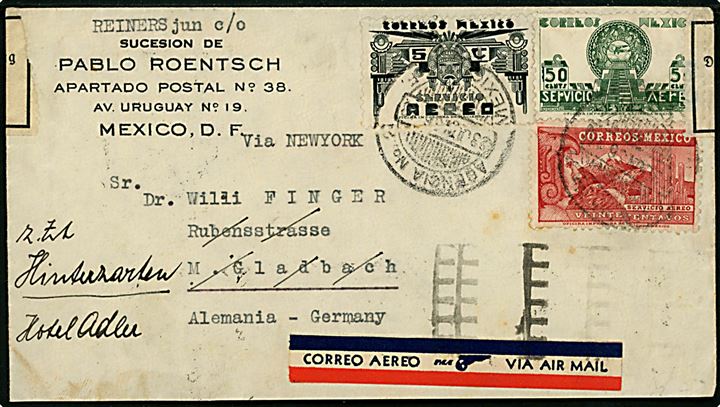 Blandingsfrankeret luftpostbrev påskrevet via New York fra Mexico d. 23.7.1936 via Paris til M. Gladbach, Tyskland - eftersendt til Hinterzarten. Åbnet af tysk toldkontrol i Düsseldorf.