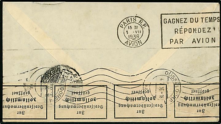 Blandingsfrankeret luftpostbrev påskrevet via New York fra Mexico d. 23.7.1936 via Paris til M. Gladbach, Tyskland - eftersendt til Hinterzarten. Åbnet af tysk toldkontrol i Düsseldorf.