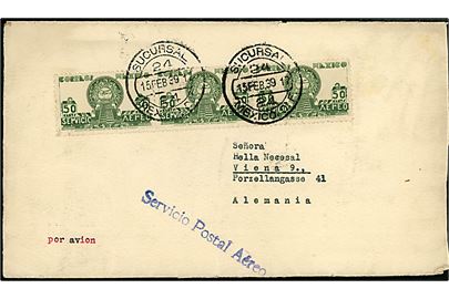 50 c. i 3-stribe på luftpostbrev fra Mexico d. 15.2.1939 til Wien i tysk annekteret Østrig. Åbnet af tysk toldkontrol.