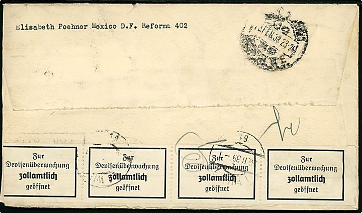 50 c. i 3-stribe på luftpostbrev fra Mexico d. 15.2.1939 til Wien i tysk annekteret Østrig. Åbnet af tysk toldkontrol.