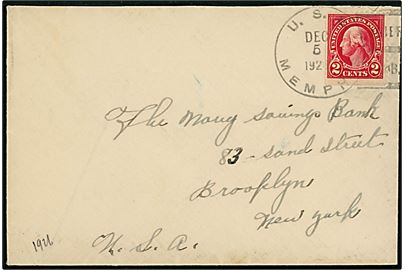 2 cents Washington på brev annulleret med skibsstempel USS Memphis / Cherbourg ? d. 5.12.1926 til Brooklyn, USA. krydseren USS Memphis (CL13) var på togt til Europa 1926/27.