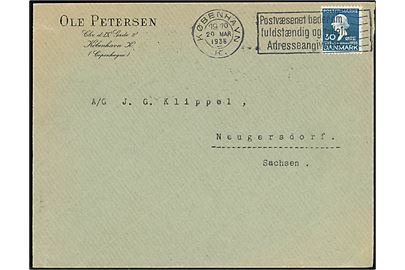 30 øre H. C. Andersen på brev fra København d. 20.3.1936 til Neugersdorf, Tyskland. Åbnet af tysk toldkontrol.