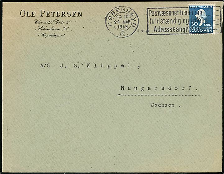 30 øre H. C. Andersen på brev fra København d. 20.3.1936 til Neugersdorf, Tyskland. Åbnet af tysk toldkontrol.