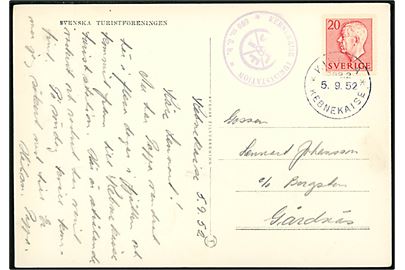 20 öre Gustaf på brevkort (Udsigt fra Kebnekaise) annulleret Kiruna * POB.2 * Kenbekaise d. 5.9.1952 til Gårdnäs.  