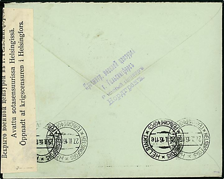 2½d George V på brev fra London d. 16.2.1916 til Helsingfors, Finland. Åbnet af russisk censur i Helsingfors.