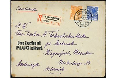 12½ c. og 15 c. Vilhelmina på anbefalet brev fra 's-Gravenhage d. 20.12.1935 via Wien til Klagenfurt, Østrig. Sort stempel: Ohne Zuschlag mit FLUG befördert. 