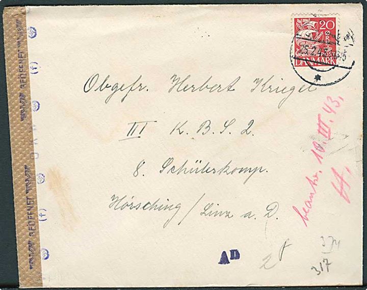 20 øre Karavel på brev fra Odense d. 25.2.1943 til Obergefr. ved III K.B.S. 2 8. Schülerkomp. Hörsching/Linz, Tyskland. Åbnet af tysk censur i Hamburg.