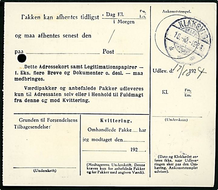 15 øre og 50 øre Chr. X på adressekort for pakke annulleret med brotype Ig Klaksvig d. 16.10.1924 til Viderejde.