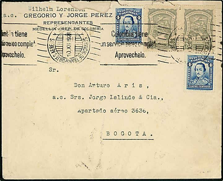 Colombia 4 c. (2) og Scadta 20 c. (par) luftpost udg. på indenrigs luftpostbrev fra Medellin d. 10.12.1928 til Bogota.