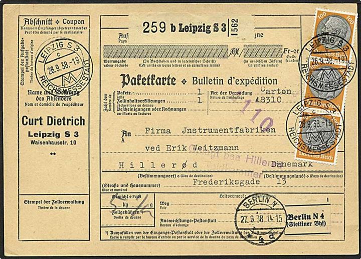 300 pfennig på adressekort fra Leipzig d. 26.9.1938 til Hillerød.