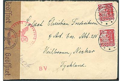 20 øre Karavel (2) på brev fra Branderup J. d. 9.12.1941 til soldat ved 5. Art. Ers. Abt. 215, Heilbronn, Tyskland. Åbnet af tysk censur i Hamburg. 