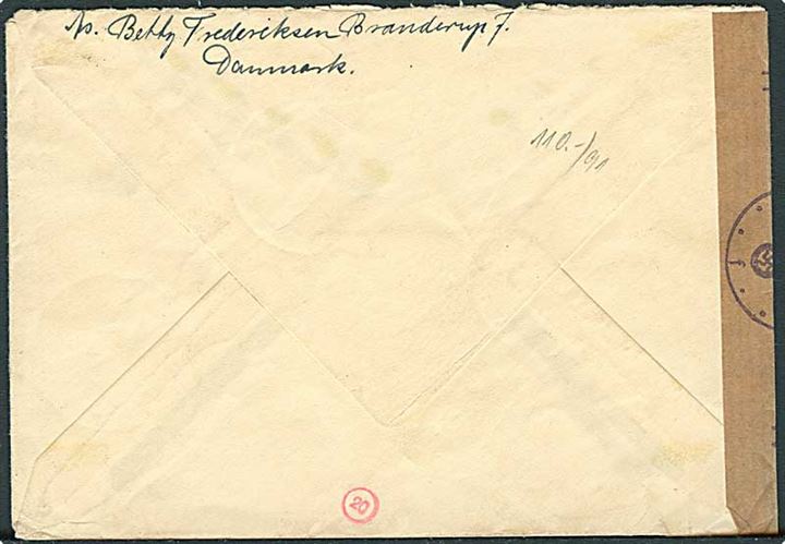 20 øre Karavel (2) på brev fra Branderup J. d. 9.12.1941 til soldat ved 5. Art. Ers. Abt. 215, Heilbronn, Tyskland. Åbnet af tysk censur i Hamburg. 