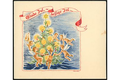 Verner Hancke: Julekort med englebørn der danser om juletræet. Dobbeltkort fra Wilkig & Landsbo u/no. 