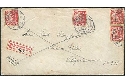 20 øre Karavel (4) på anbefalet brev fra Sandved d. 10.6.1942 via København til Funk Obergefreiter ved Feldpostnummer 27911 = Stab 3. Marine-Nachrichten-Abteilung (mot.). 
