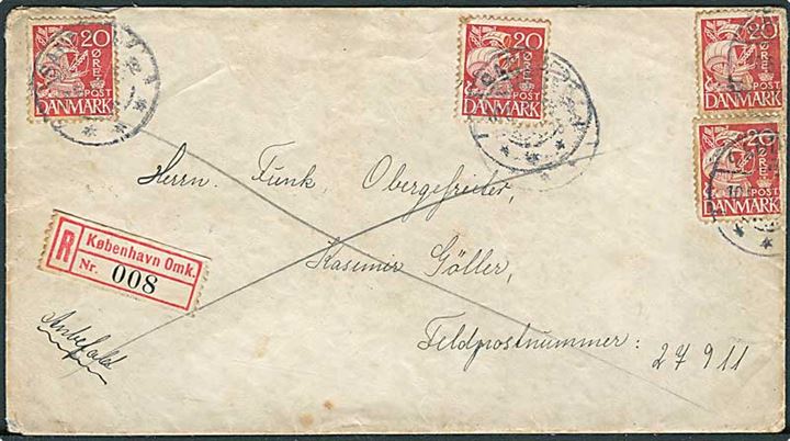 20 øre Karavel (4) på anbefalet brev fra Sandved d. 10.6.1942 via København til Funk Obergefreiter ved Feldpostnummer 27911 = Stab 3. Marine-Nachrichten-Abteilung (mot.). 