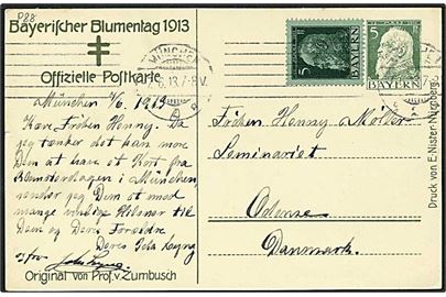 5 pfennig grøn helsag opfrankeret med 5 pfennig fra München d. 7.6.1913 til Odense.