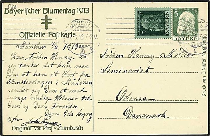 5 pfennig grøn helsag opfrankeret med 5 pfennig fra München d. 7.6.1913 til Odense.