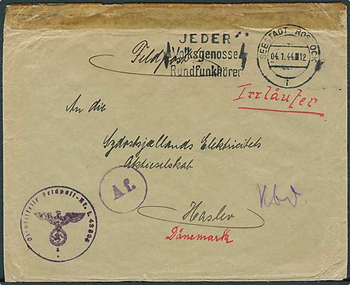 Ufrankeret feltpostbrev med briefstempel Dienststempel Feldpost-Nr. L. 43595 = Stab leichte Flak-Abteilung 836 (o) på Sylt til Haslev, Danmark. Fejlsendt til Rostock d. 4.1.1944. Påskrevet: Irrläufer / Dänemark. 