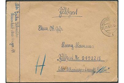 Ufrankeret feltpostbrev fra Ramscheid d. 21.1.1945 til soldat ved feldpost-Nr. 27922/S (= 4. Sicherungs-Flottille i Fredericia) über Marinepostamt Berlin - ændret til H for Hamburg. Sen feltpost.