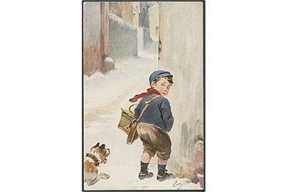 Dreng står med ryggen til en hund der kommer farende og vil til at angribe ham. N. Déposé no. 017.