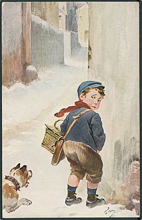 Dreng står med ryggen til en hund der kommer farende og vil til at angribe ham. N. Déposé no. 017.