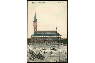 Købh., Raadhuspladsen med rådhus og sporvogne. F. M. no. 366.