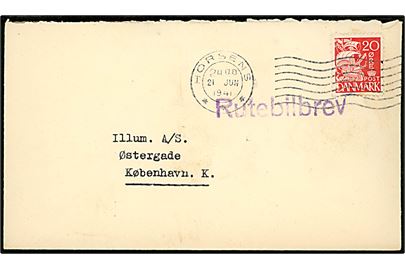 20 øre Karavel på brev annulleret Horsens d. 21.6.1941 og sidestemplet Rutebilbrev til København.
