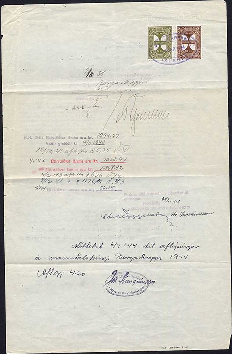 5 kr. og 10 kr. Stempelmærke annulleret med gummistempel på dokument dateret Reykjavik d. 14.9.1934.