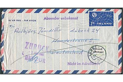 7,50 kr. UIT single på luftpostbrev fra 1965 til Lübeck, Tyskland. Retur som ubekendt.