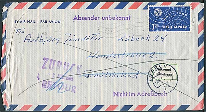 7,50 kr. UIT single på luftpostbrev fra 1965 til Lübeck, Tyskland. Retur som ubekendt.