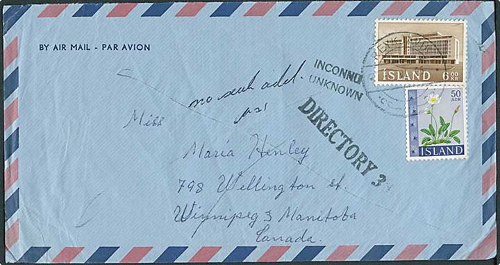 50 aur Blomster og 6 kr. Universitet på luftpostbrev fra Reykjavik d. 1.6.1965 til Winnipeg, Canada. Retur som ubekendt.