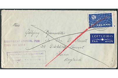 7,50 kr. UIT single på luftpostbrev fra Reykjavik 1965 til England. Retur pga. utilstrækkelig adresse.