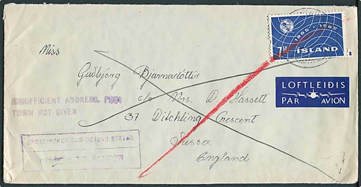 7,50 kr. UIT single på luftpostbrev fra Reykjavik 1965 til England. Retur pga. utilstrækkelig adresse.