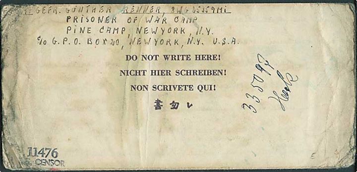 Ufrankeret fortrykt krigsfange foldebrev stemplet New York d. 17.8.1944 til Hamburg, Tyskland - eftersendt. Fra tysk krigsfange i Camp Pine, New York. Både amerikansk og tysk censur. Nusset.